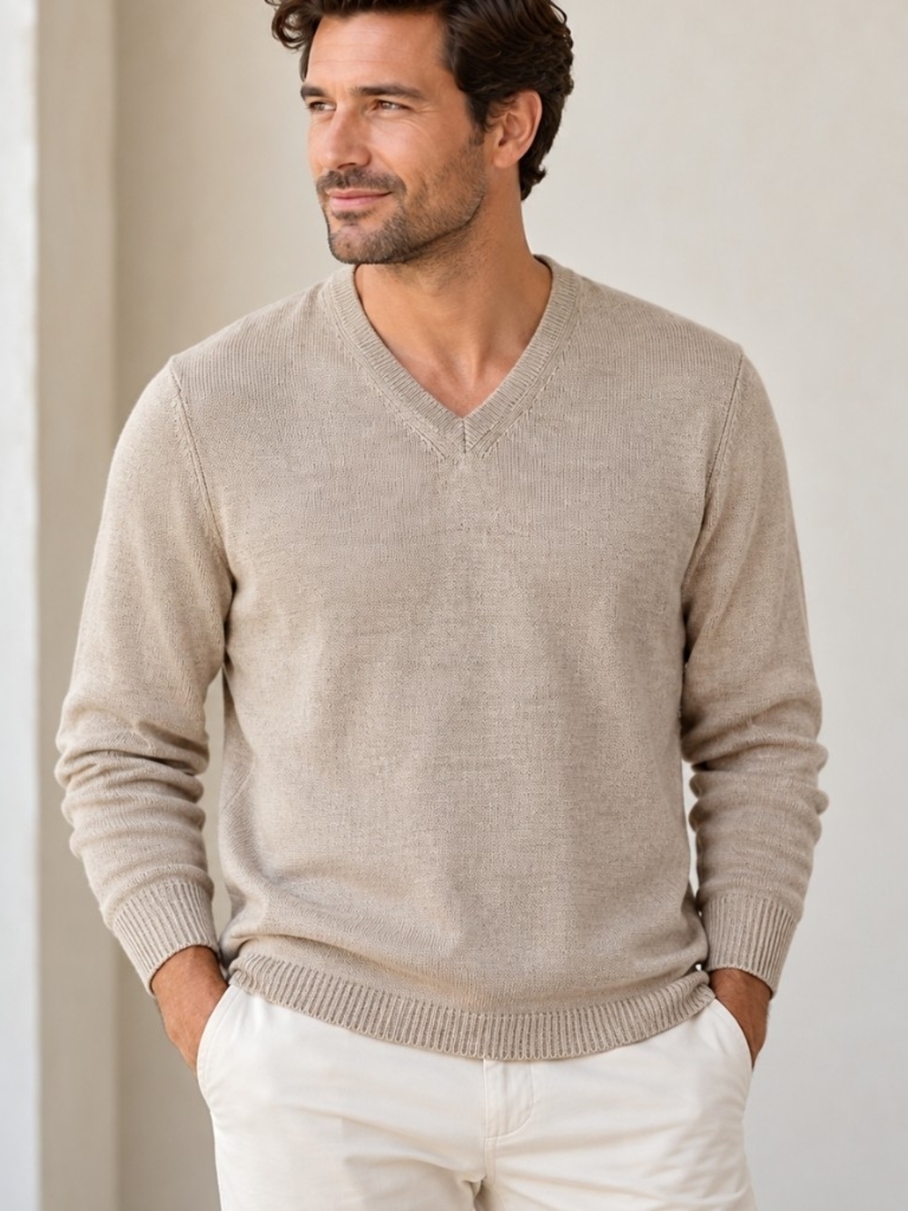 Bloomingdales Mens Linen Sweater Large Beige V Neck 100% Linen Quiet Luxury